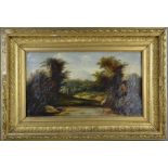 Agenes [19th century]: riverside landscape with figure in distance, oil on canvas, 26cm by 45cm