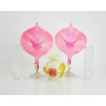 A pair of vaseline glass bud vases 24cm high, a white opaque vase and crystal engraved glasses.