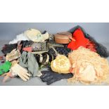 A group of vintage gloves, bags, shawls, ties, bow ties etc