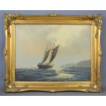 David Short (British b1940): oil on canvas, ship in moonlight, 29cm by 39cm
