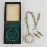 A late 19th century ladies silver pocket watch and chain, roman numeral dial,