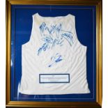 A signed vest from British GP, Silverstone, 1999, to include signatures by David Coulthard, Alex