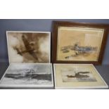 Three original wartime photographs depicting aircraft and ships, together with a watercolour