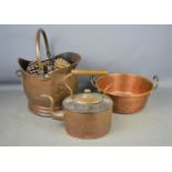 A copper jam pan, kettle and coal bucket