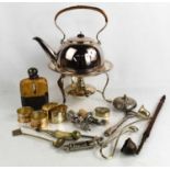 A silver plated kettle on stand, with original burner, together with silver plated collectables