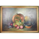 An Italian oil on canvas, indistinctly signed Simon... Still life with fruit.90 by 60cm.