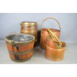 Two oak and brass coopered coal buckets together with two copper examples