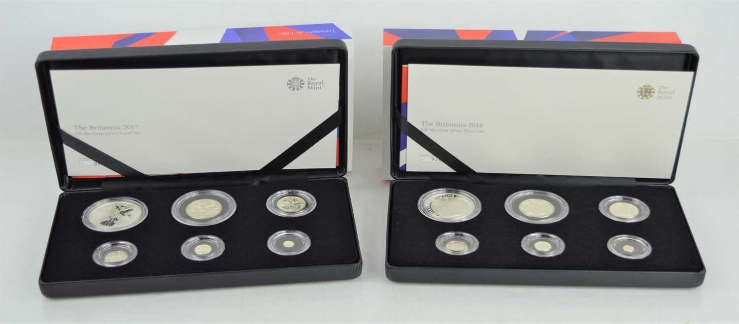 A 2016 and 2017 Britannia six-coin silver proof sets in presentation cases