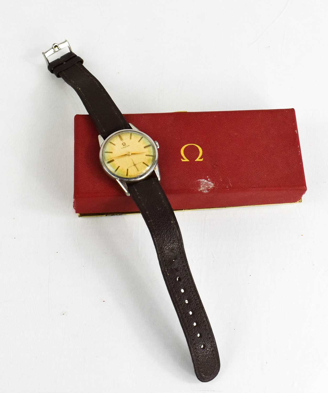 A Vintage Omega wristwatch, with brown leather strap, together with the original Omega - Bild 2 aus 3