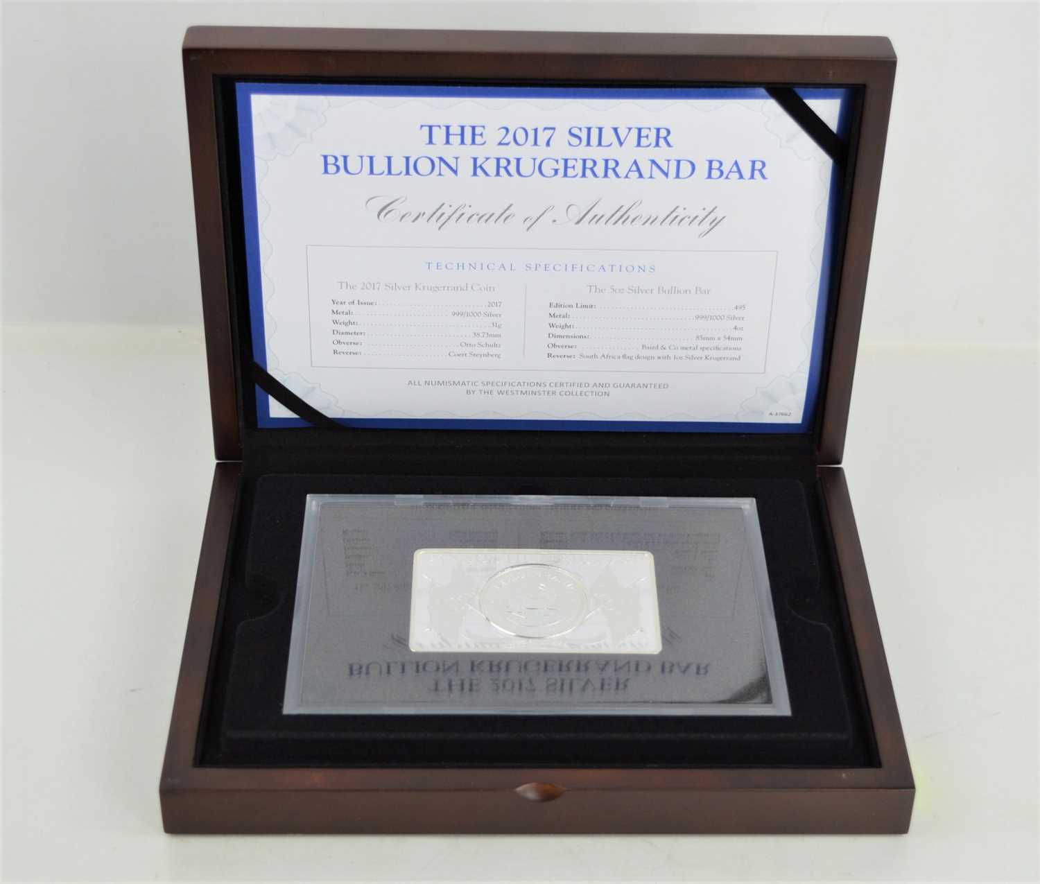 A 2017 5oz silver bullion Krugerrand bar in presentation case, edition limit of 495