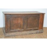 A 18th century oak coffer with skirted carved base95cm by 41cm by 49cm