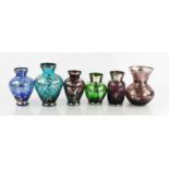 A group of six Bohemian glass and silver gild vases, in differing colour and form.Tallest 13cm high.