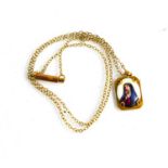 A 9ct gold chain and pendant with hand painted porcelain oval pendant depicting the madonna, 4.03g