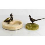 Two vintage agate ashtrays, one with cold painted metal pheasant, the other with a seal, 18cm