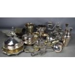 A quantity of silver plateware to include wine coasters, bon bon dishes, sauce boats, candleabra and