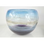 A large Art Glass bowl, in graduated purple and blue, with coloured swirls, signed indistinctly to