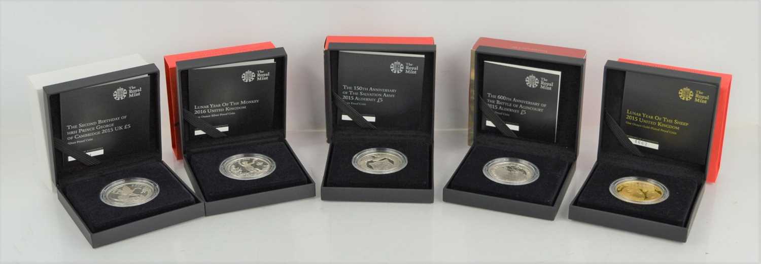 A group of five silver proof coins to include Alderney 2015 Thee 600th anniversary of the battle