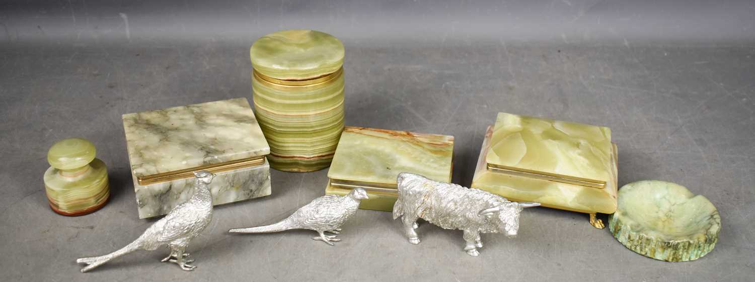 A group of vingate agate trinket boxes, alabaster ash tray and three silvered metal animals.