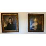A pair of 19th century oil on canvas unsigned portraits; man and a woman in period attire.
