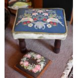 A stool with needlework top depicting birds and strawberries together with a smaller example