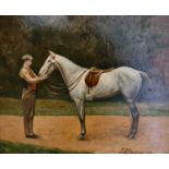 A 19th century oil on board, racehorse study, signed L E Lawrence, and dated 1890, 30 by 24cm.