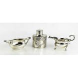 A silver canister embossed with floral decoration, 2.45toz, together with a silver dish, 1.96toz and