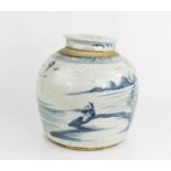 A 19th century Chinese ginger jar and cover, blue and white, depicting a figure fishing, and a river