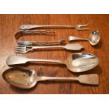 A large silver serving spoon, a Georgian silver baby’s feeding spoon, a fish fork and oyster fork,