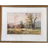 A watercolour circa 1900, depicting a country house in landscape with deer to the fore.