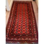 A Pakistan red ground wool rug with decorative borders, 198cm by 103cm