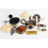 A group of Victorian and later jewellery, including agate and jet brooches, cameo and micromosaic