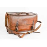 An antique leather satchel / case, with two front buckle straps and an over the shoulder strap, 39cm
