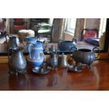 A group of Victorian pewter to include sugar bowl, milk jug, pair of chamber sticks and a Wedgwood