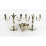 A pair of Garrard & Co Ltd of London silver plated candleabra, footed bowl and Aristocrat cigar