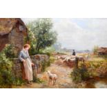Ernest WALBOURNE(1872-1927) Sheep in Farmland with Shepherdess to the fore