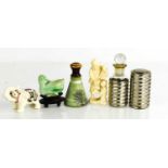 A group of collectables to include glass scent bottle and stopper in silver plated case, a stoneware