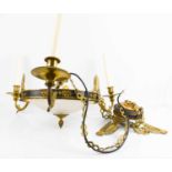 A French Empire brass three branch ceiling light, with anthemion motifs. * Please note that this