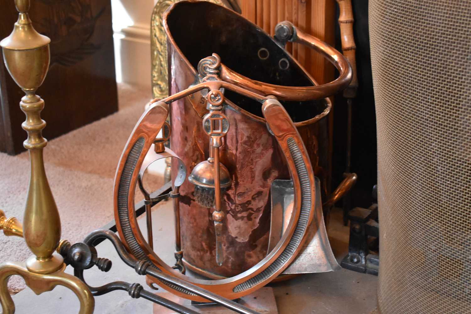 A quantity of antique copper and brass ware to include warming pan, coal scuttle, andirons and - Image 2 of 2