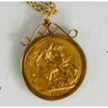 A gold full sovereign dated 1889, mounted as a pendant and having a 9ct gold chain, 14.8g.