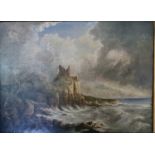Fast Castle, oil on board depicting cliffside landscape, bearing plaque Rev John Tomeau 1778-1840.
