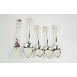 A group of silver, to include three dessert spoons, serving spoon and dinner fork, 7toz.