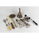 A group of collectables to include wine sifter, candle snuffers, opera glasses and other items.