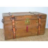An early 20th century compressed cane and leather steamer trunk with brass lock and key46cm by