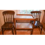 A pair of Victorian kitchen chairs, together with an oak trolley and a drop leaf dining table.