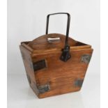 An oak steel bound antique basket, with iron handle and drop in tray with three compartments, 39cm