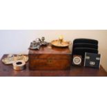 A Victorian rosewood box together with a quantity of brassware including a pair of chamber sticks,