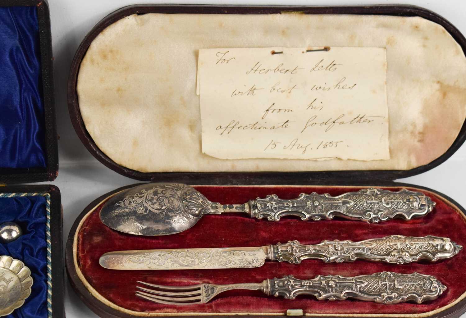 A silver handled christening set and twin jame spoons. - Image 2 of 2