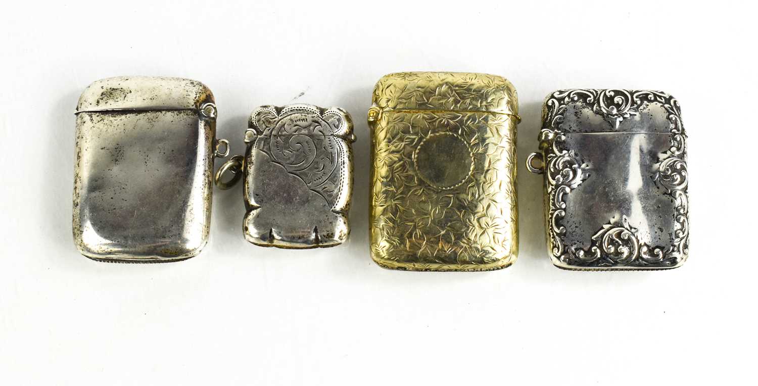 Three silver vesta cases, of various size and form, together with a silver plated example, 2.38toz.