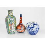 A Chinese blue and white ginger jar, Chinese bottle vase circa 1900, and a polychrome baluster