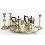 A Viners Silver Plated tea set comprising tea pot, 17cm high, hot-water pot 19cm high, sugar bowl